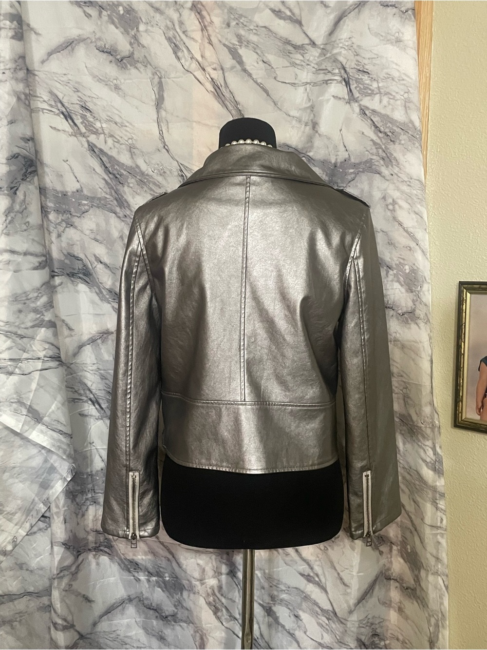 HAODUOYI Metallic Silver Moto Leather Jacket - Picture 2 of 8